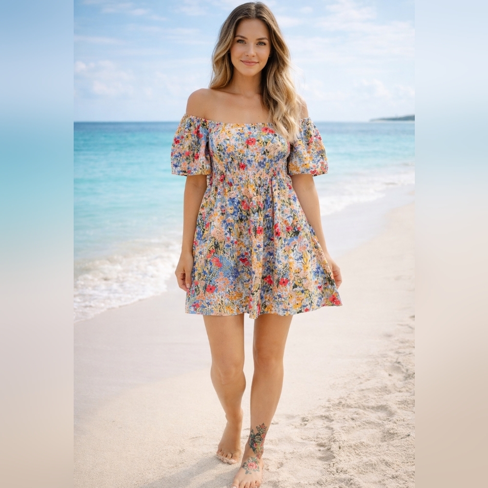 NWT💐REFORMATION💐CUTE Multicolor COTTON Floral Off-Shoulder Mini Dress Sz M